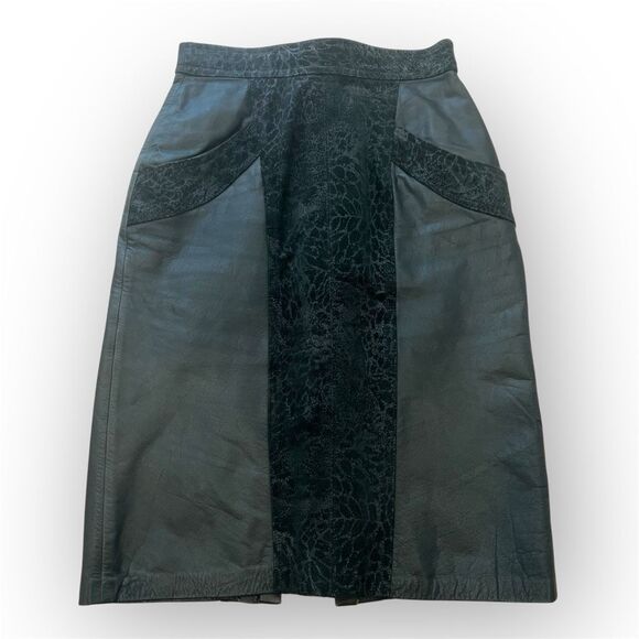 Winlit Vintage Black Leather & Suede High Waist Pencil Skirt 1980s, Women’s 5/6 - Picture 1 of 14